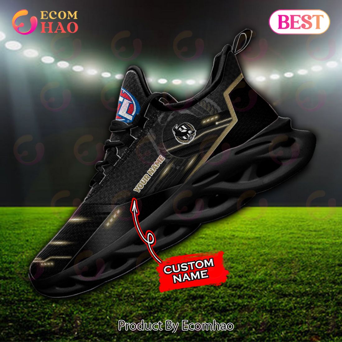 AFL Collingwood Magpies Custom Name Black Gold Max Soul Shoes - Famjoys AFL Collingwood Magpies Custom Name Black Gold Max Soul Shoes - Famjoys