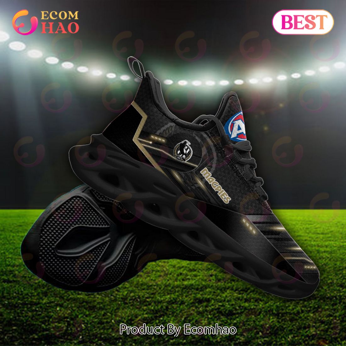 AFL Collingwood Magpies Custom Name Black Gold Max Soul Shoes - Famjoys AFL Collingwood Magpies Custom Name Black Gold Max Soul Shoes - Famjoys
