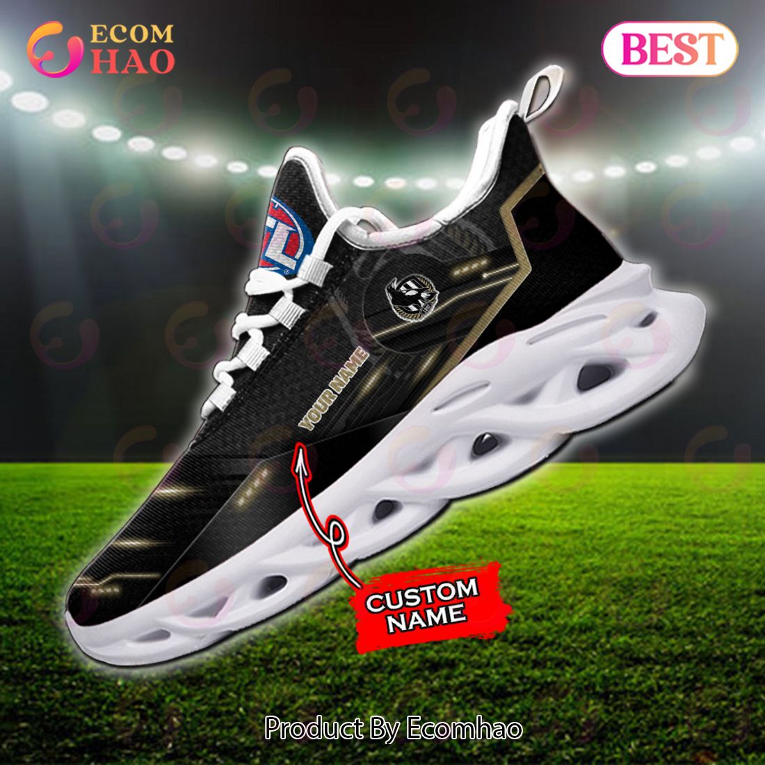 AFL Collingwood Magpies Custom Name Black Gold Max Soul Shoes - Famjoys AFL Collingwood Magpies Custom Name Black Gold Max Soul Shoes - Famjoys