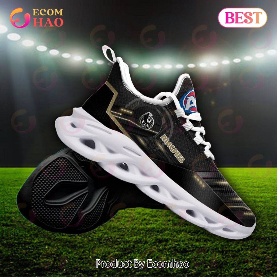 AFL Collingwood Magpies Custom Name Black Gold Max Soul Shoes - Famjoys AFL Collingwood Magpies Custom Name Black Gold Max Soul Shoes - Famjoys