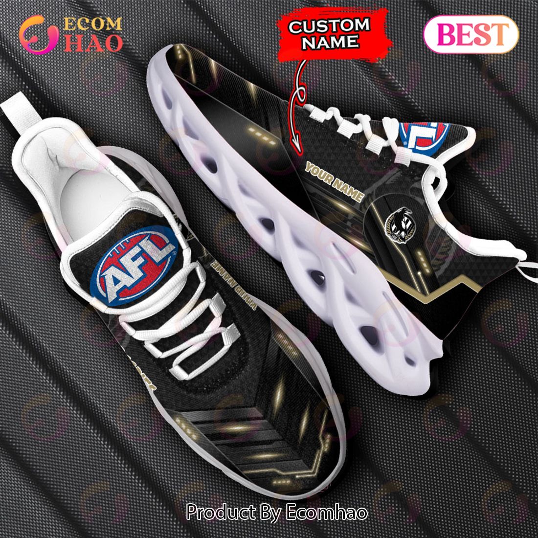 AFL Collingwood Magpies Custom Name Black Gold Max Soul Shoes - Famjoys AFL Collingwood Magpies Custom Name Black Gold Max Soul Shoes - Famjoys