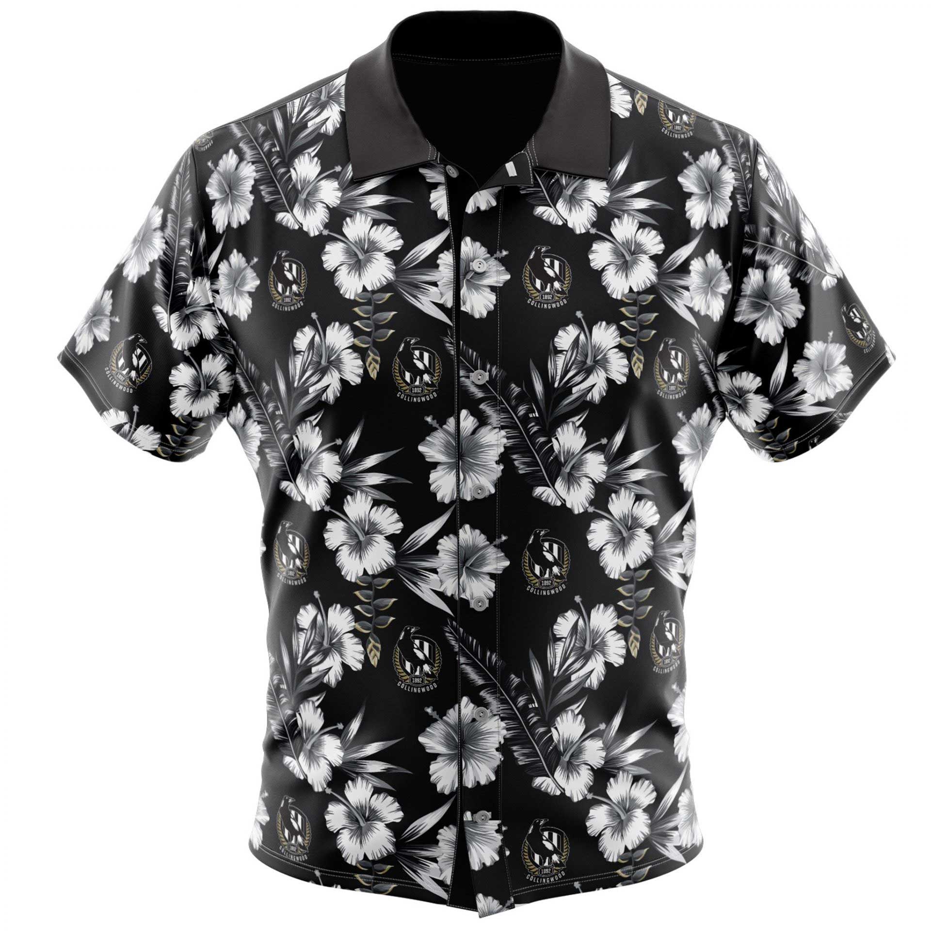 AFL Collingwood Magpies Floral Hawaiian Shirt - Famjoys AFL Collingwood Magpies Floral Hawaiian Shirt - Famjoys