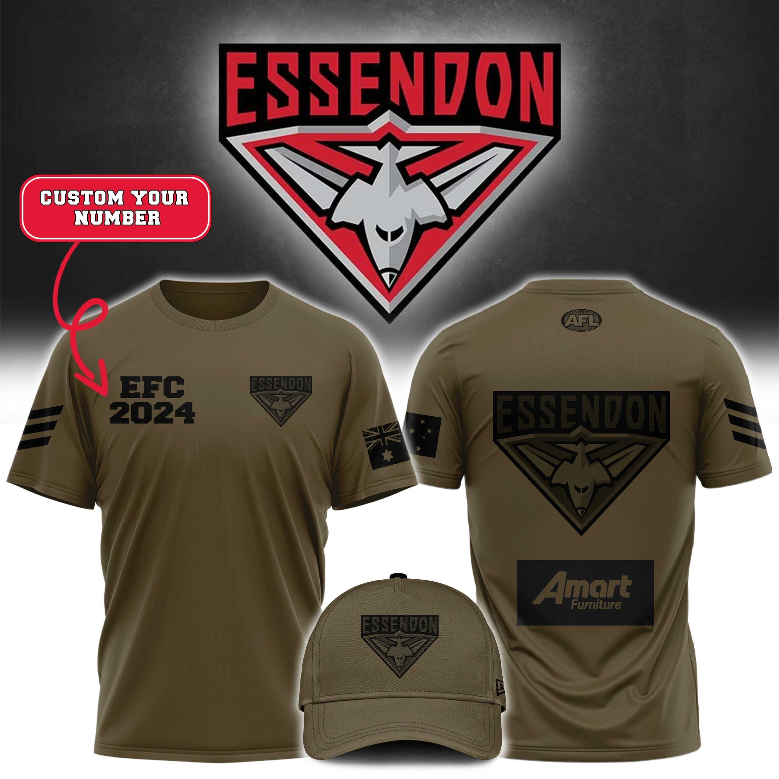 AFL Essendon Bombers Football Club Army Tee - Famjoys AFL Essendon Bombers Football Club Army Tee - Famjoys