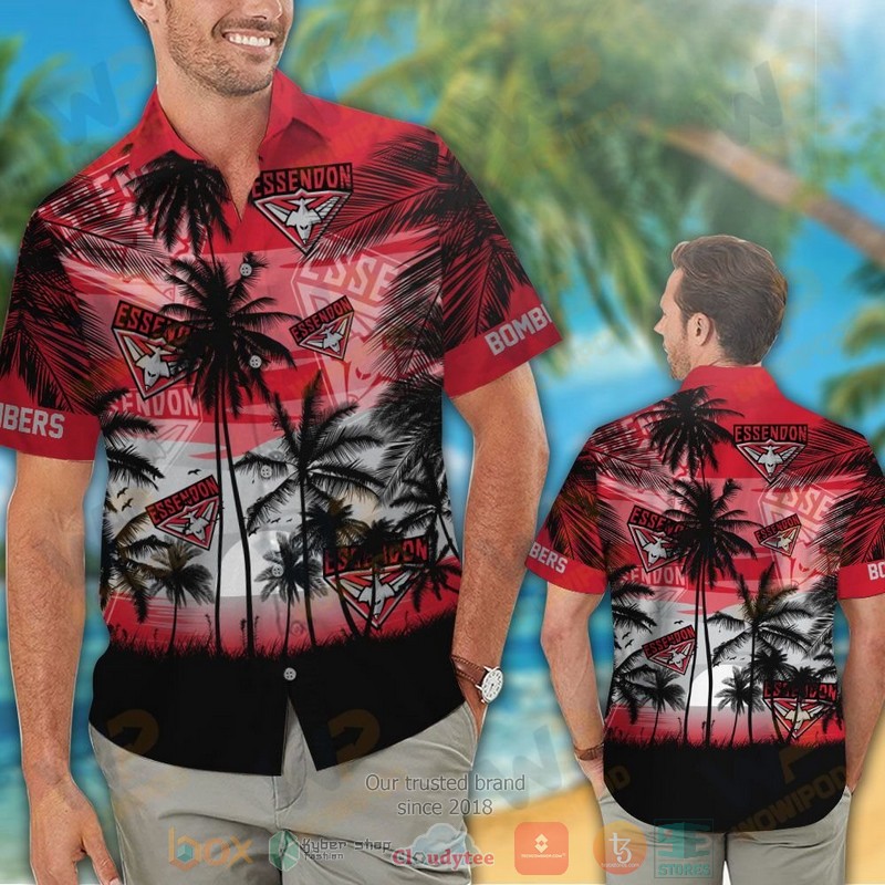 AFL Essendon Bombers Palm Tree Sunrise Hawaiian Shirt - Famjoys AFL Essendon Bombers Palm Tree Sunrise Hawaiian Shirt - Famjoys