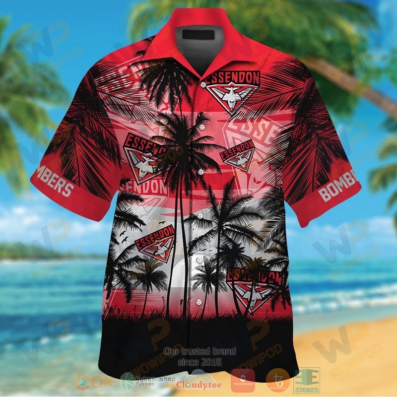 AFL Essendon Bombers Palm Tree Sunrise Hawaiian Shirt - Famjoys AFL Essendon Bombers Palm Tree Sunrise Hawaiian Shirt - Famjoys