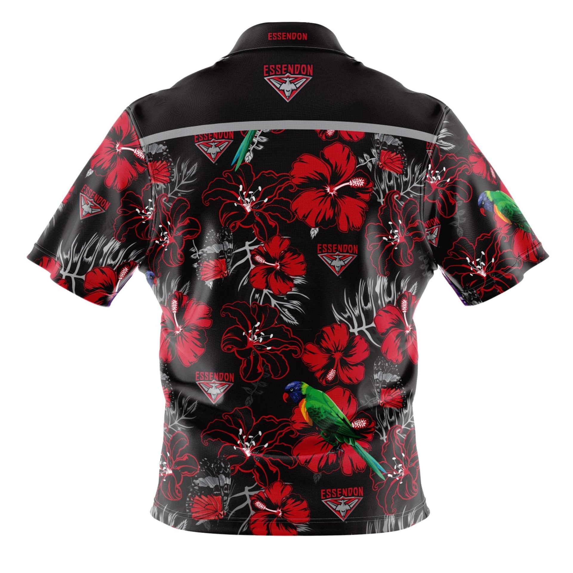 AFL Essendon Bombers Red Black Hibiscus Hawaiian Shirt - Famjoys AFL Essendon Bombers Red Black Hibiscus Hawaiian Shirt - Famjoys