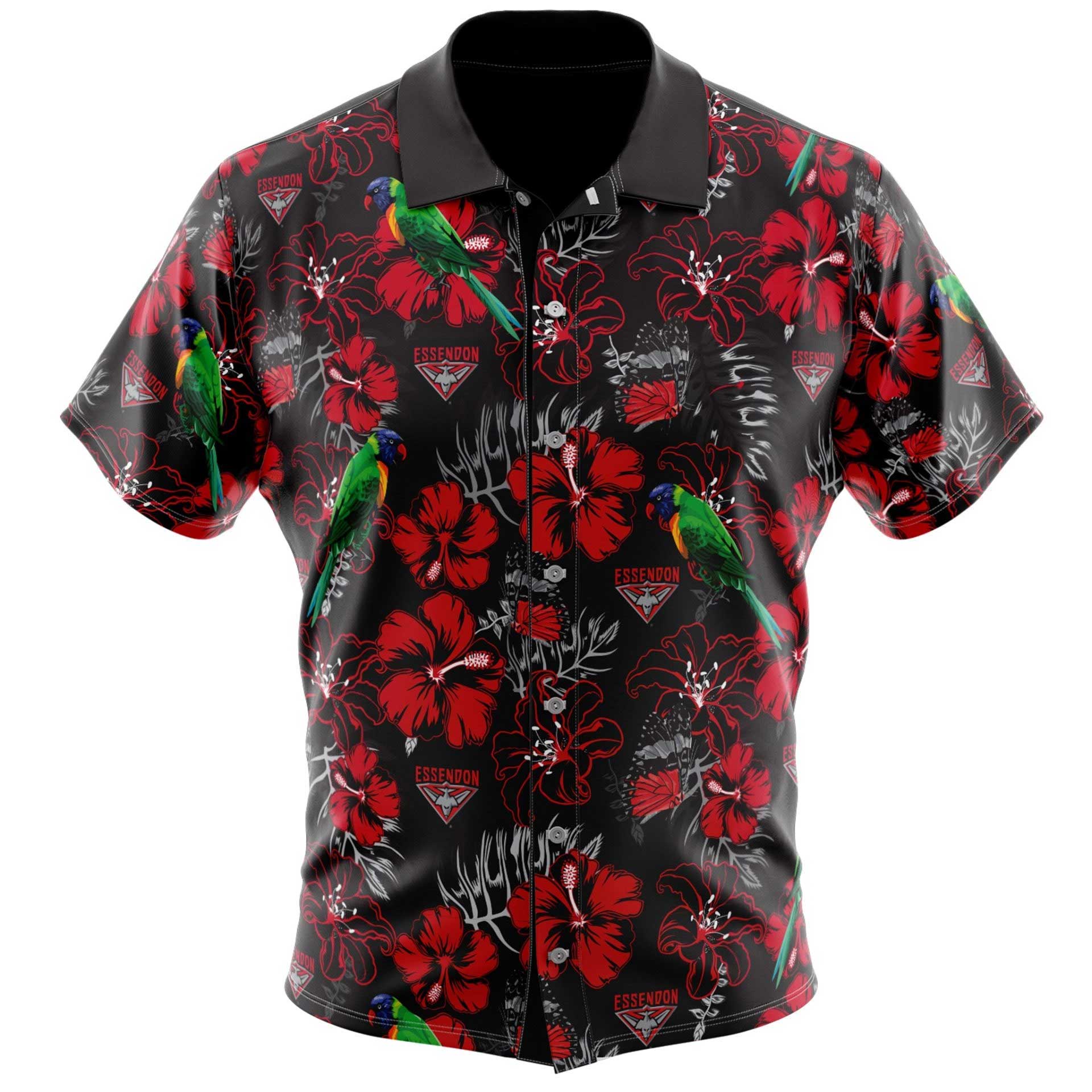 AFL Essendon Bombers Red Black Hibiscus Hawaiian Shirt - Famjoys AFL Essendon Bombers Red Black Hibiscus Hawaiian Shirt - Famjoys