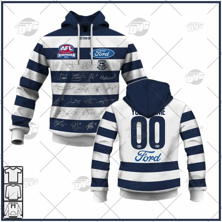 AFL Geelong Cats Custom Name Number Signatures Guernsey Pullover Shirt - Famjoys AFL Geelong Cats Custom Name Number Signatures Guernsey Pullover Shirt - Famjoys