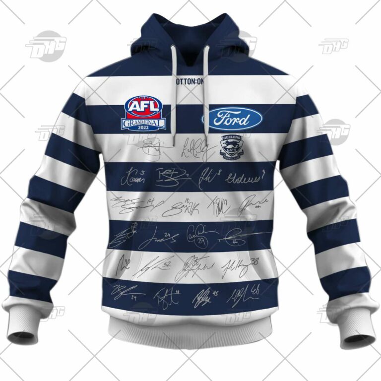 AFL Geelong Cats Custom Name Number Signatures Guernsey Pullover Shirt - Famjoys AFL Geelong Cats Custom Name Number Signatures Guernsey Pullover Shirt - Famjoys