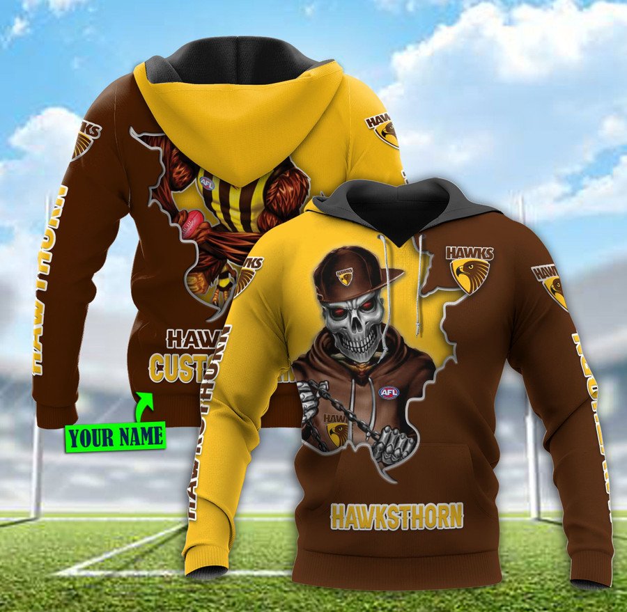 AFL Hawthorn Hawks Custom Name Mascot Skull Pullover Shirt - Famjoys AFL Hawthorn Hawks Custom Name Mascot Skull Pullover Shirt - Famjoys