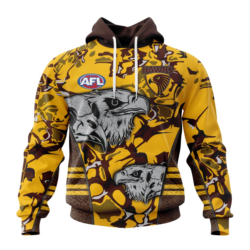 AFL Hawthorn Hawks Custom Name Number Camo Morden Art Style Pullover Shirt - Famjoys AFL Hawthorn Hawks Custom Name Number Camo Morden Art Style Pullover Shirt - Famjoys