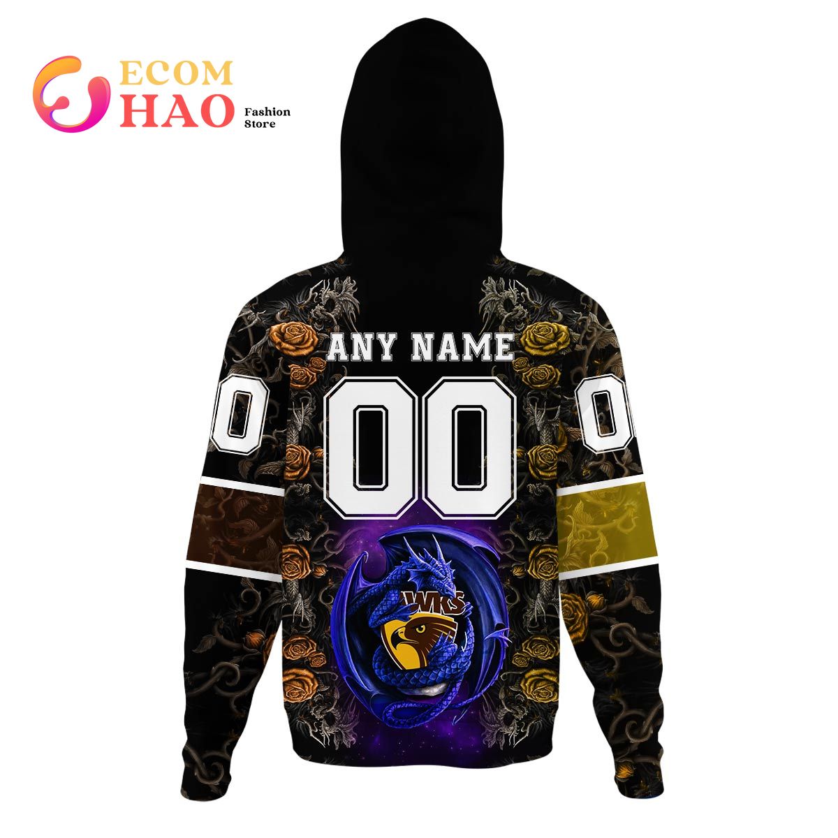 AFL Hawthorn Hawks Custom Name Number Rose Dragon Pullover Shirt - Famjoys AFL Hawthorn Hawks Custom Name Number Rose Dragon Pullover Shirt - Famjoys