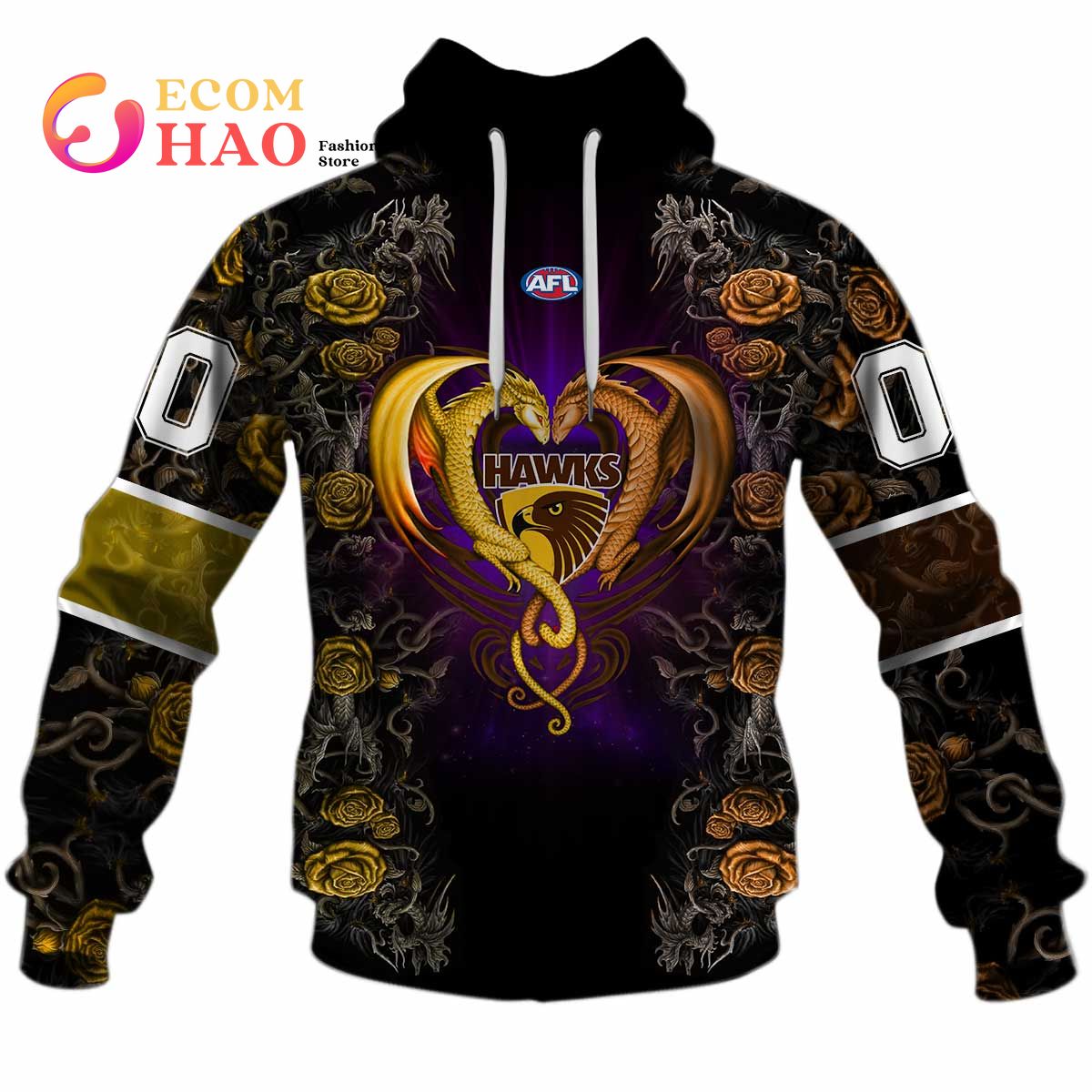 AFL Hawthorn Hawks Custom Name Number Rose Dragon Pullover Shirt - Famjoys AFL Hawthorn Hawks Custom Name Number Rose Dragon Pullover Shirt - Famjoys