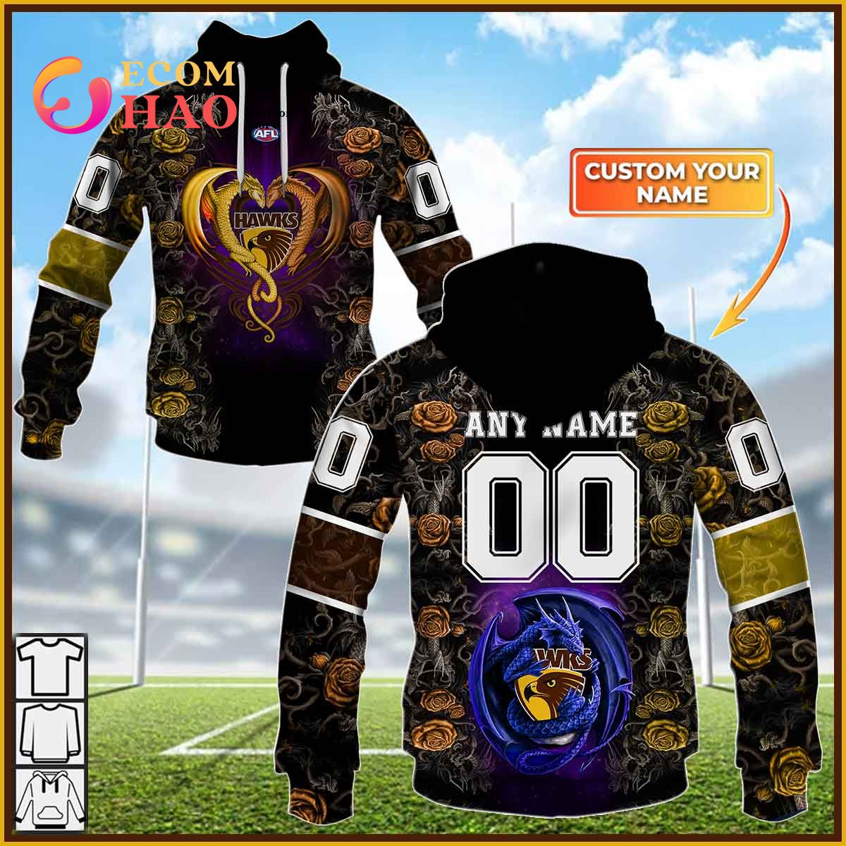 AFL Hawthorn Hawks Custom Name Number Rose Dragon Pullover Shirt - Famjoys AFL Hawthorn Hawks Custom Name Number Rose Dragon Pullover Shirt - Famjoys
