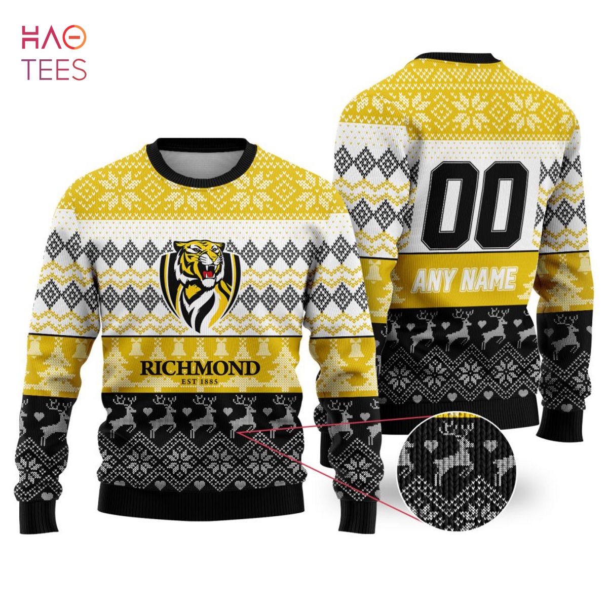 AFL Richmond Tigers Custom Name Number Ugly Christmas Sweater - Famjoys AFL Richmond Tigers Custom Name Number Ugly Christmas Sweater - Famjoys