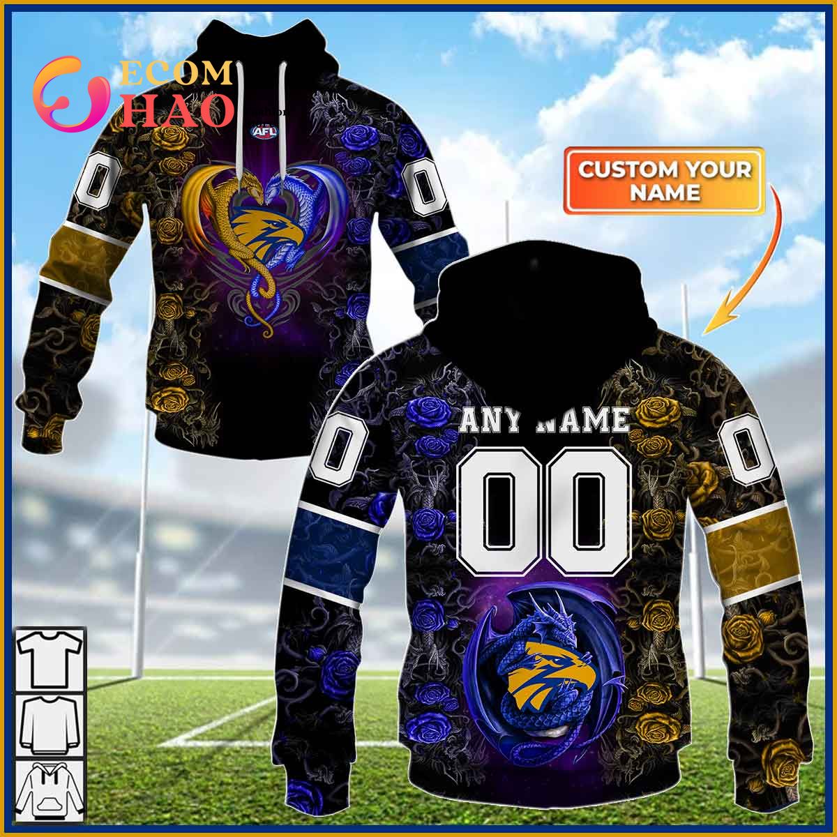 AFL West Coast Eagles Custom Name Number Rose Dragon Pullover Shirt - Famjoys AFL West Coast Eagles Custom Name Number Rose Dragon Pullover Shirt - Famjoys