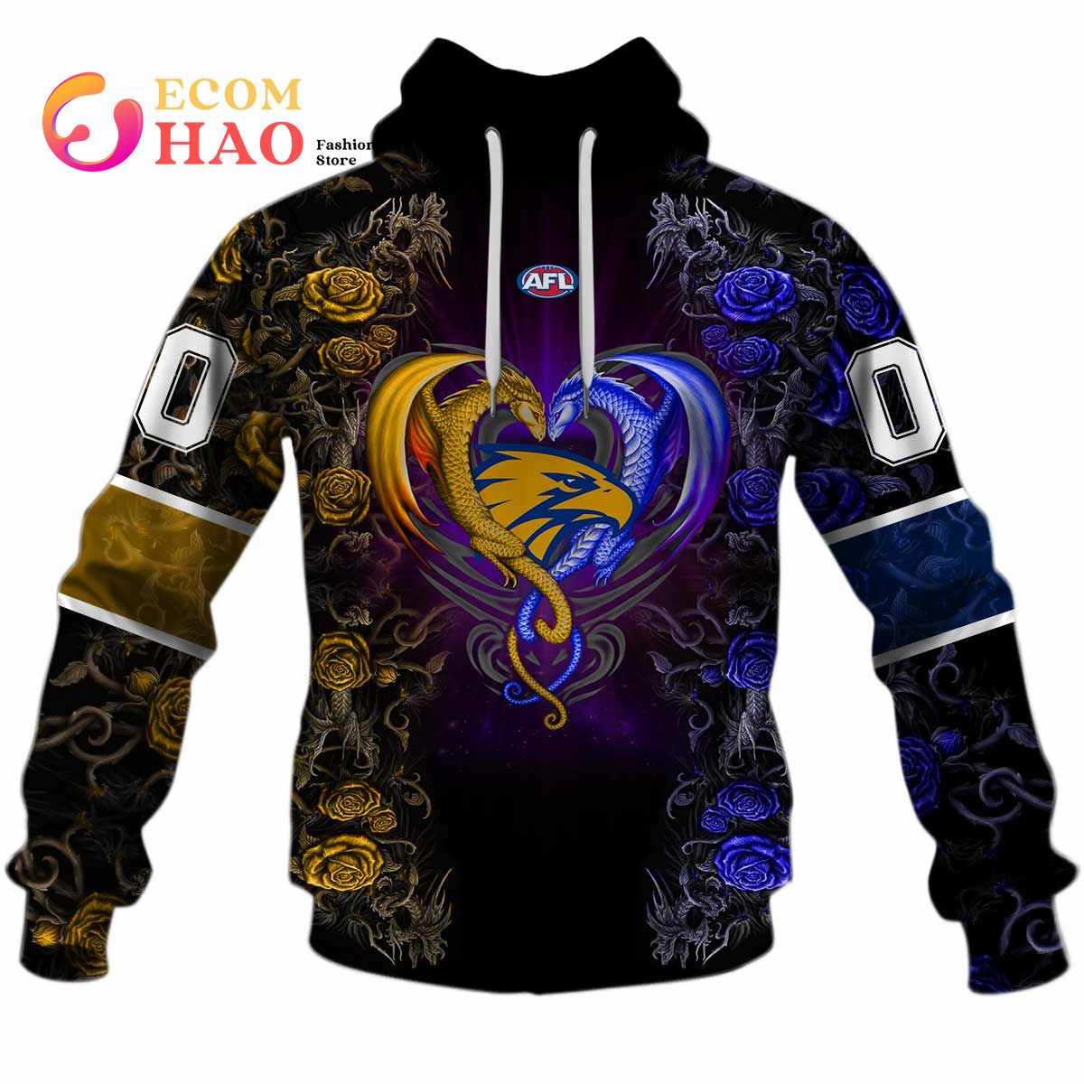 AFL West Coast Eagles Custom Name Number Rose Dragon Pullover Shirt - Famjoys AFL West Coast Eagles Custom Name Number Rose Dragon Pullover Shirt - Famjoys