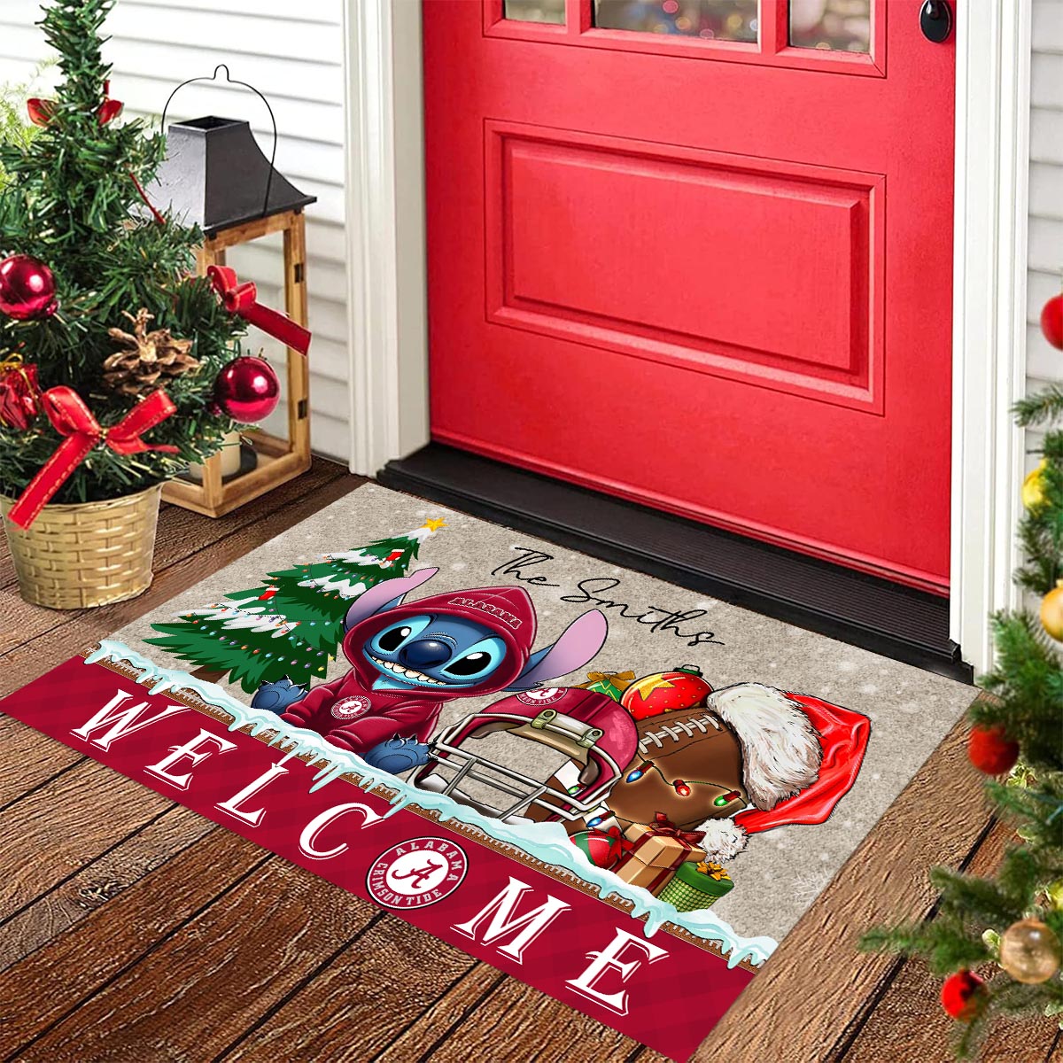 Alabama Crimson Tide Cute Stitch Christmas Doormat - Famjoys Alabama Crimson Tide Cute Stitch Christmas Doormat - Famjoys