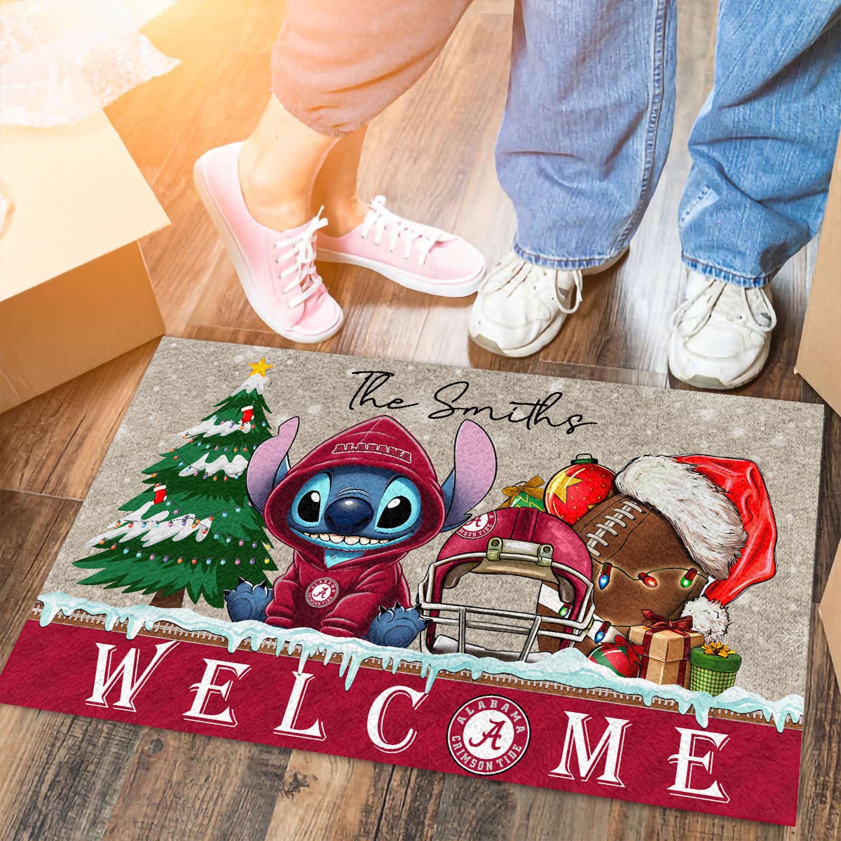 Alabama Crimson Tide Cute Stitch Christmas Doormat - Famjoys Alabama Crimson Tide Cute Stitch Christmas Doormat - Famjoys