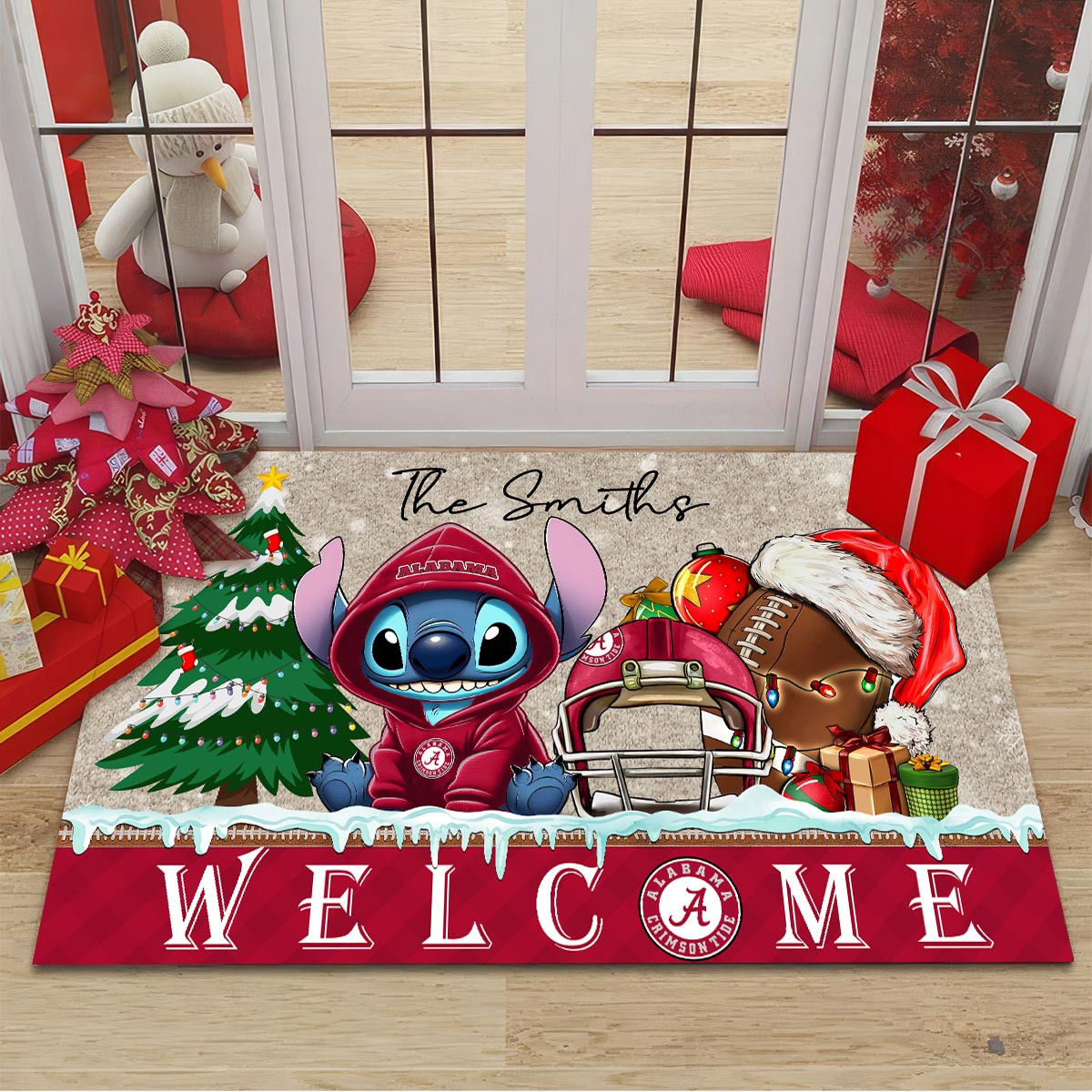 Alabama Crimson Tide Cute Stitch Christmas Doormat - Famjoys Alabama Crimson Tide Cute Stitch Christmas Doormat - Famjoys