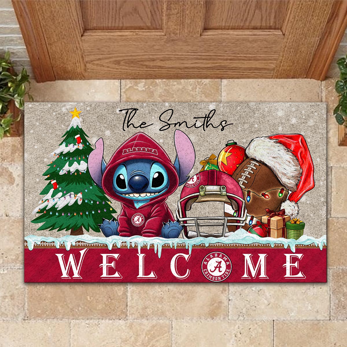Alabama Crimson Tide Cute Stitch Christmas Doormat - Famjoys Alabama Crimson Tide Cute Stitch Christmas Doormat - Famjoys