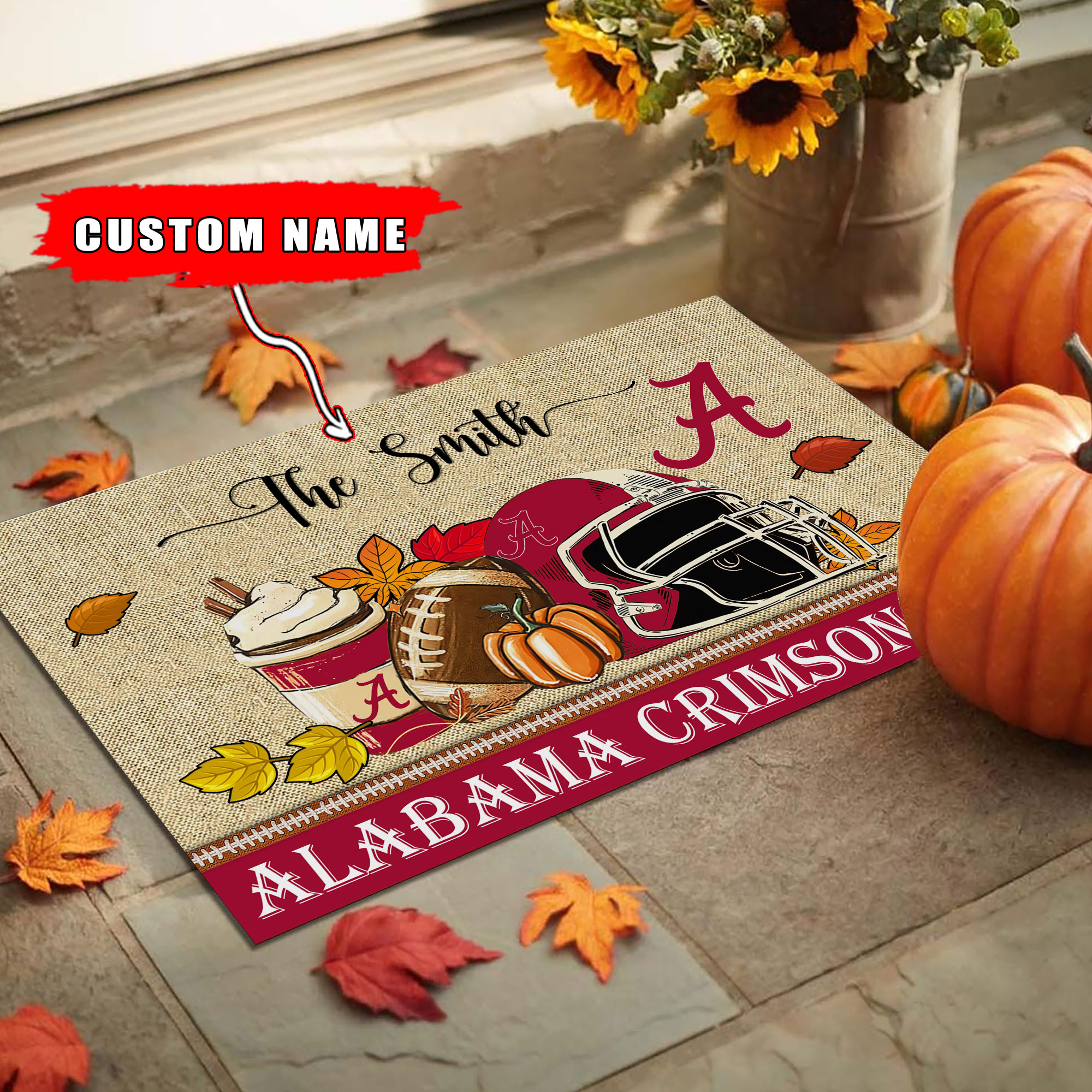 Alabama Crimson Tide Fall Football Custom Doormat - Custom Text - Famjoys Alabama Crimson Tide Fall Football Custom Doormat - Custom Text - Famjoys