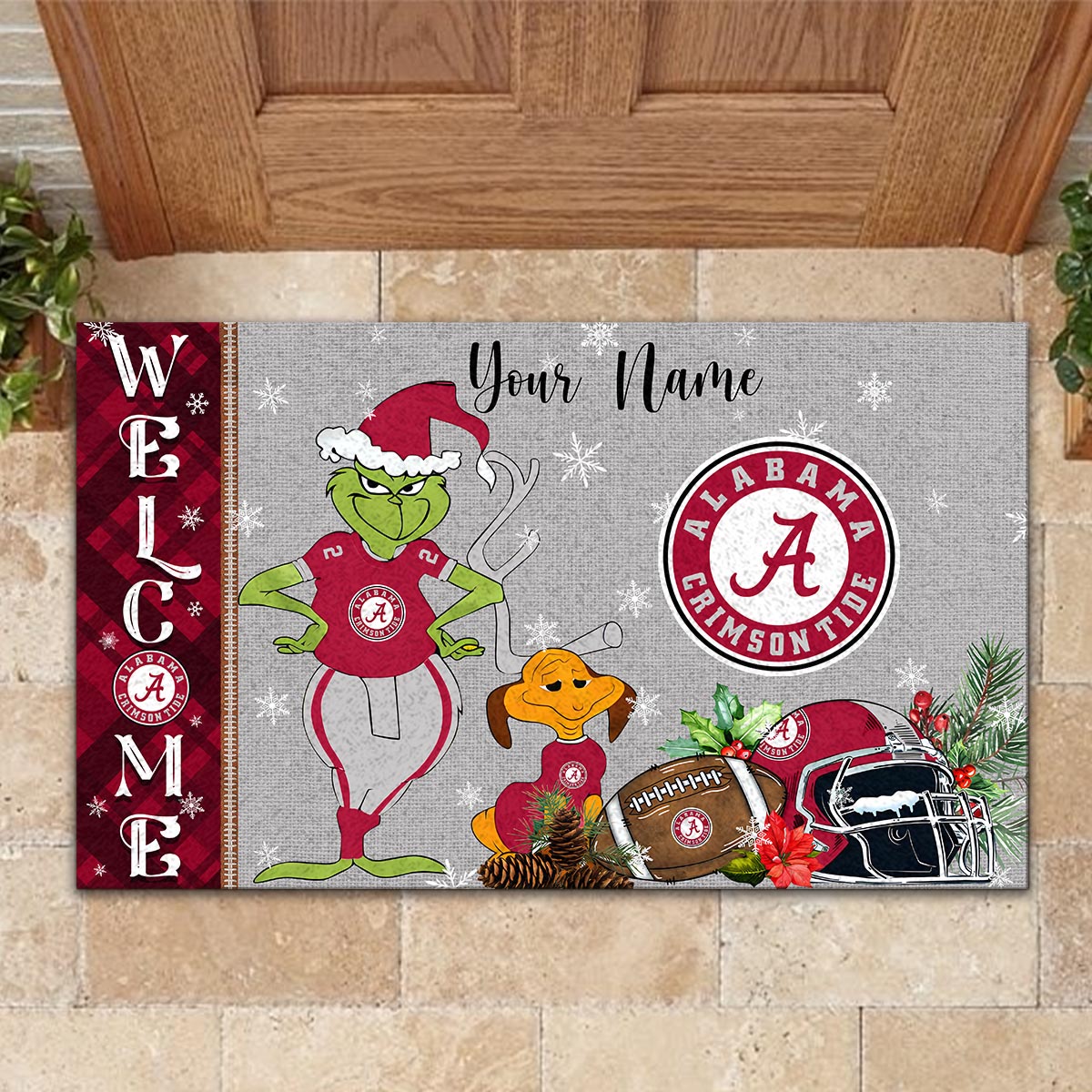 Alabama Crimson Tide Grinch Christmas Welcome Football Doormat - Famjoys Alabama Crimson Tide Grinch Christmas Welcome Football Doormat - Famjoys