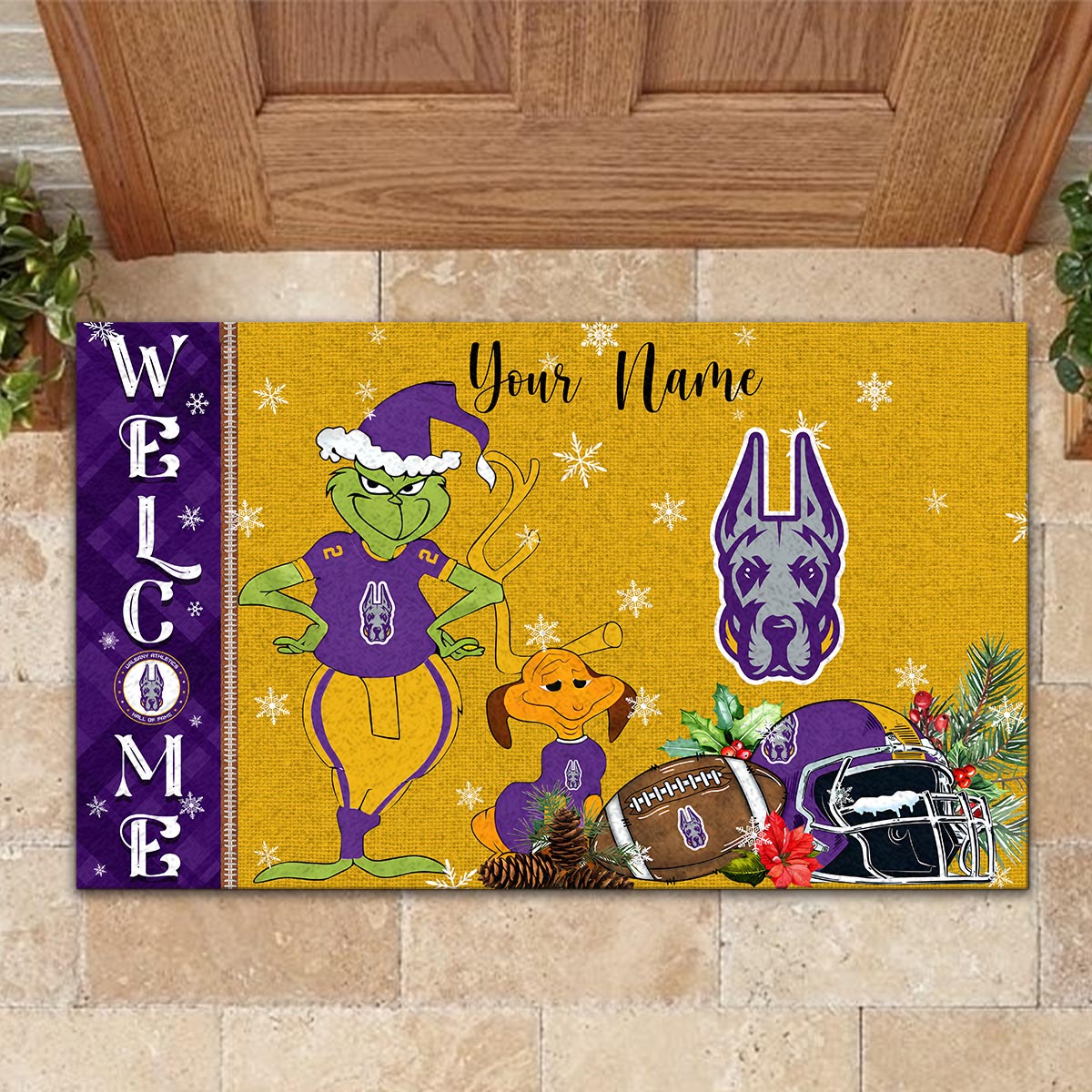 Albany Great Danes Grinch Christmas Welcome Football Doormat - Famjoys Albany Great Danes Grinch Christmas Welcome Football Doormat - Famjoys