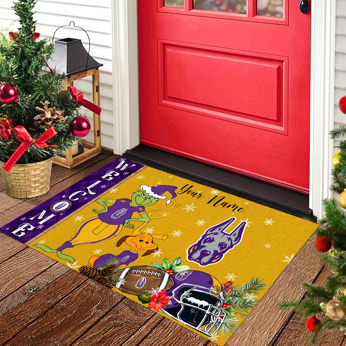 Albany Great Danes Grinch Christmas Welcome Football Doormat - Famjoys Albany Great Danes Grinch Christmas Welcome Football Doormat - Famjoys