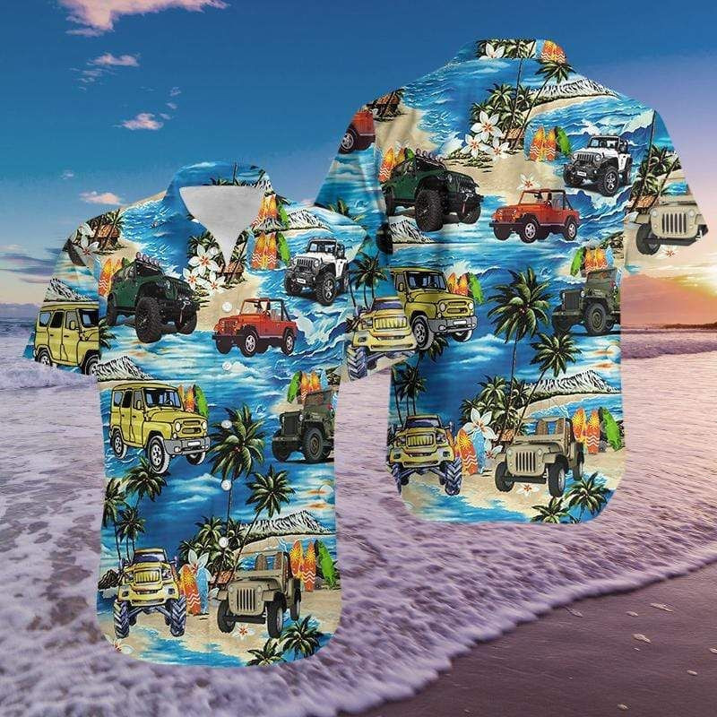 Amazing Jeep On The Beach Blue Unisex Hawaiian Aloha Shirts - Famjoys Amazing Jeep On The Beach Blue Unisex Hawaiian Aloha Shirts - Famjoys