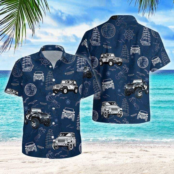 Anchor Jeep Pirate Navy Unisex Hawaiian Aloha Shirts - Famjoys Anchor Jeep Pirate Navy Unisex Hawaiian Aloha Shirts - Famjoys