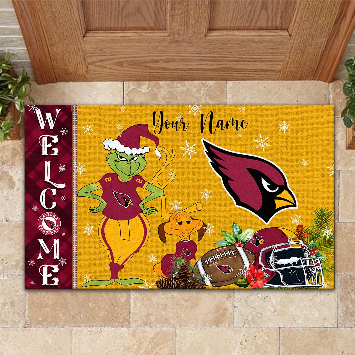 Arizona Cardinals Grinch Christmas Welcome Football Doormat - Famjoys Arizona Cardinals Grinch Christmas Welcome Football Doormat - Famjoys