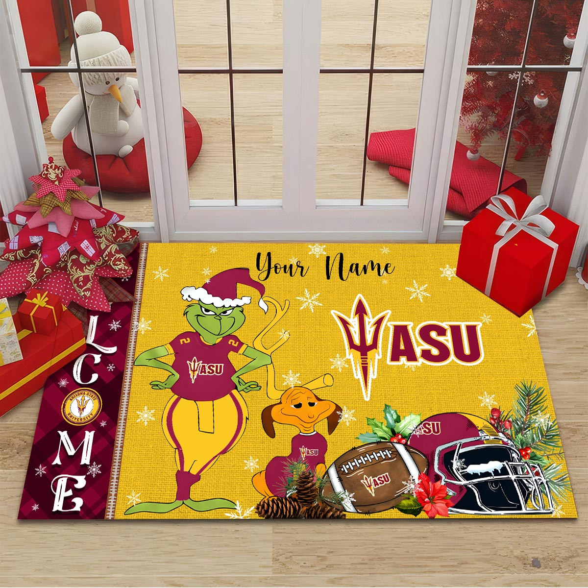 Arizona State Sun Devils Grinch Christmas Welcome Football Doormat - Famjoys Arizona State Sun Devils Grinch Christmas Welcome Football Doormat - Famjoys