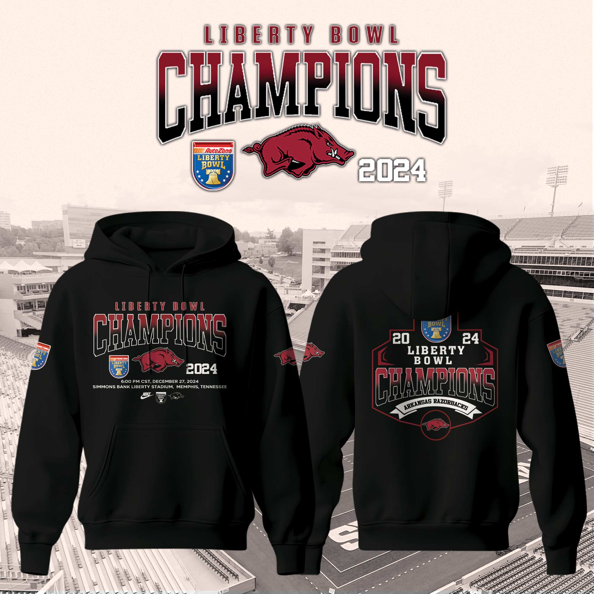 Arkansas Razorback Bowl Champion Hoodie Ver 1 Black - Famjoys Arkansas Razorback Bowl Champion Hoodie Ver 1 Black - Famjoys