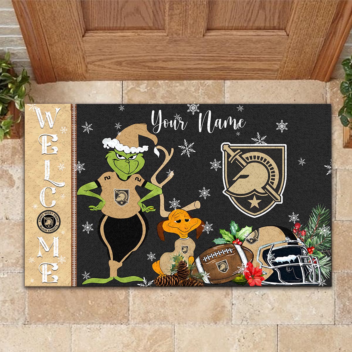Army Black Knights Grinch Christmas Welcome Football Doormat - Famjoys Army Black Knights Grinch Christmas Welcome Football Doormat - Famjoys