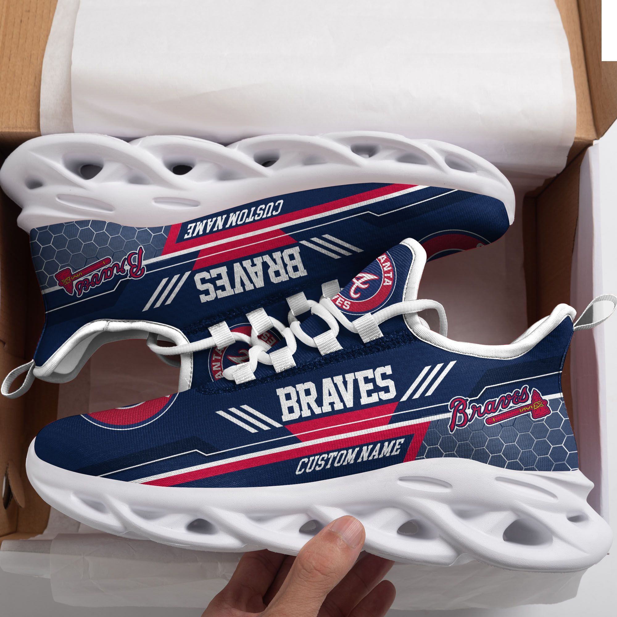 Atlanta Braves Custom Personalized Max Soul Sneakers Shoes - Famjoys Atlanta Braves Custom Personalized Max Soul Sneakers Shoes - Famjoys