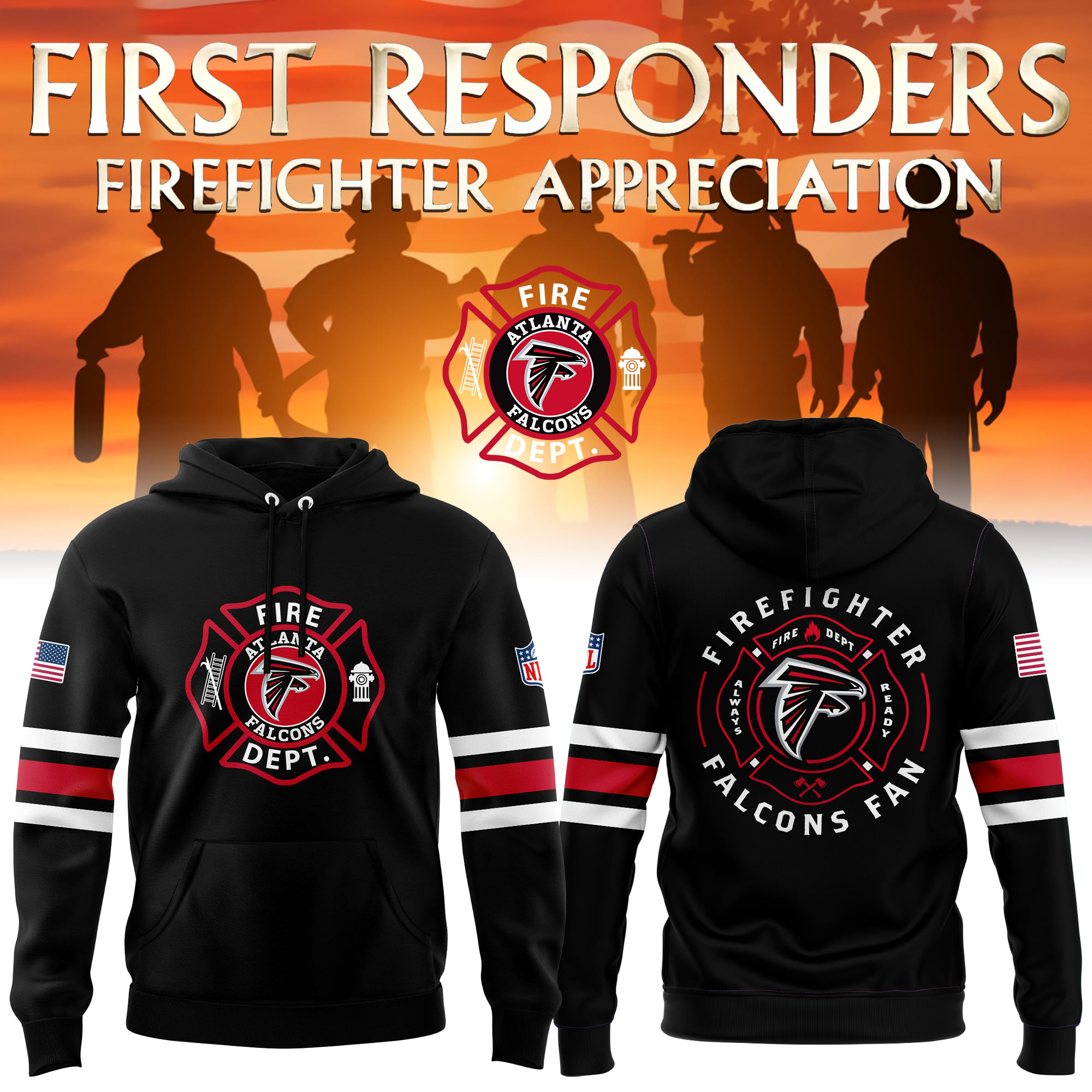 Atlanta Falcons x Firefighter Appreciation Night Black Pullover Hoodie - Famjoys Atlanta Falcons x Firefighter Appreciation Night Black Pullover Hoodie - Famjoys