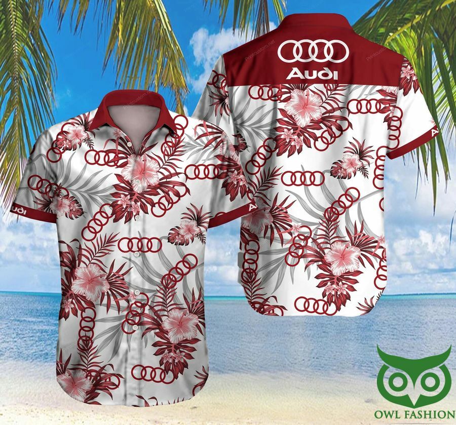 Audi Dark Red Floral White Hawaiian Shirt - Famjoys Audi Dark Red Floral White Hawaiian Shirt - Famjoys