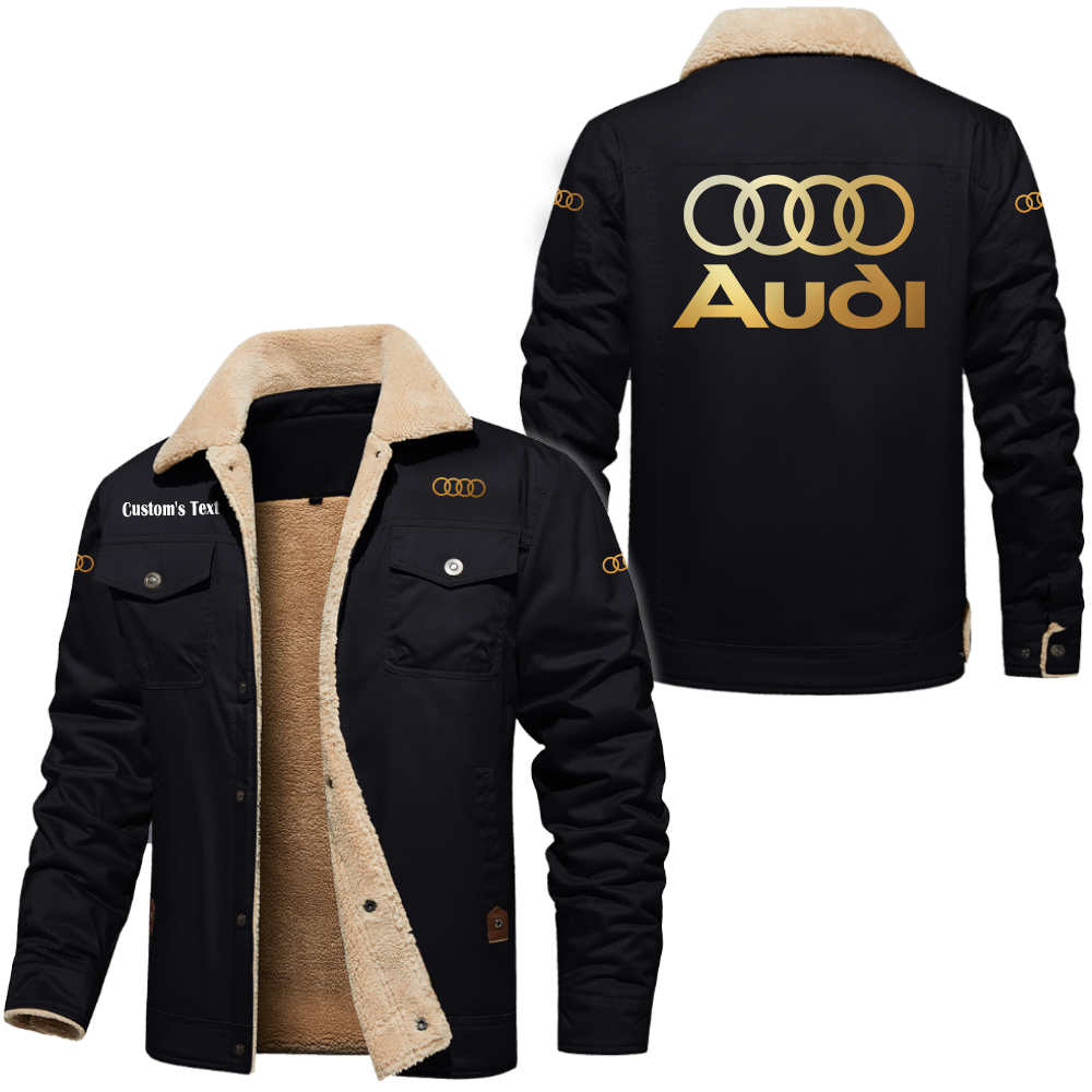 Audi Golden Logo Cargo Fleece Lined Cotton Jacket Multicolor, vintage style, customize name 