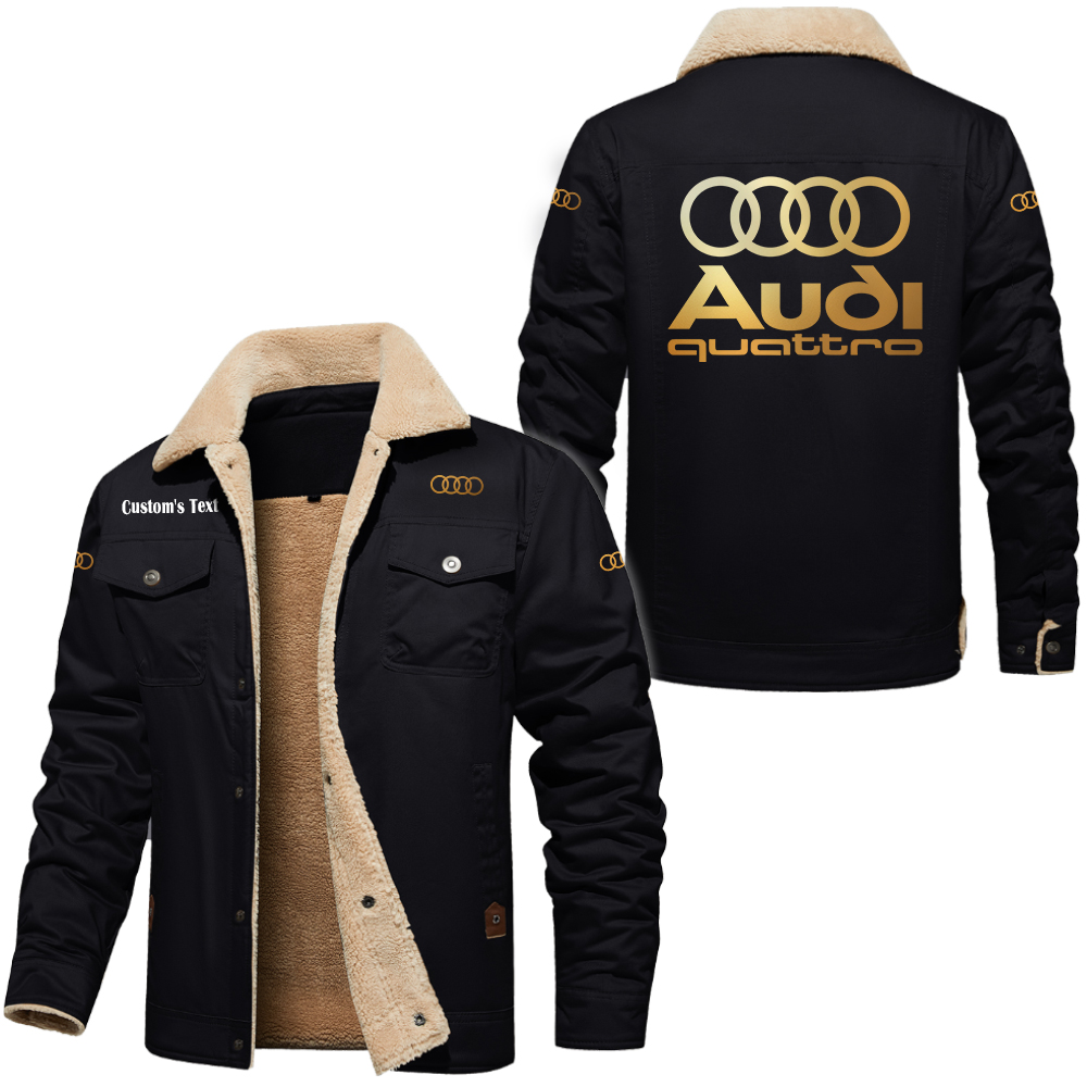 Audi Quattro Golden Logo Cargo Fleece Lined Cotton Jacket Multicolor, vintage style, customize name