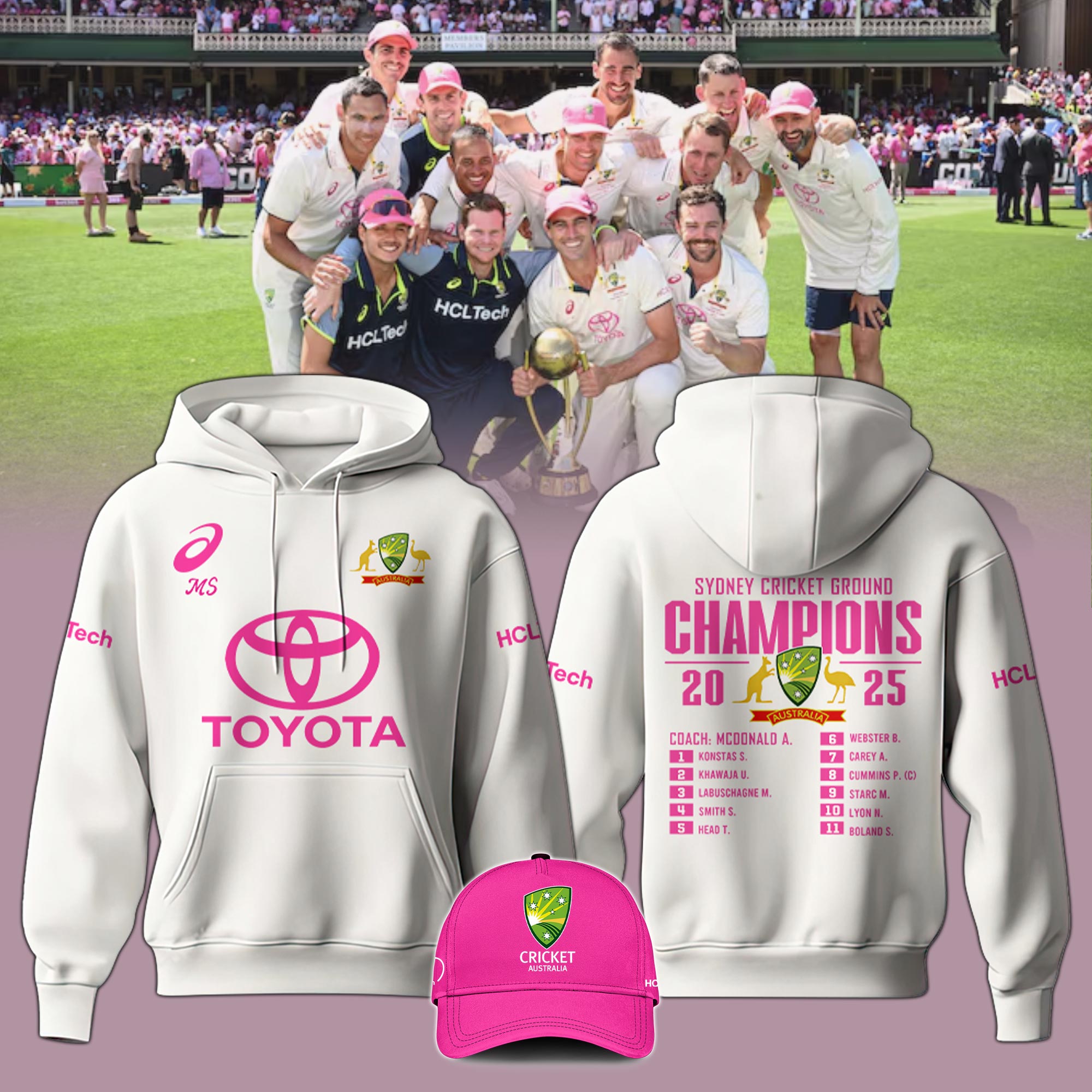 Australia National Cricket Pink Test Champion Hoodie White