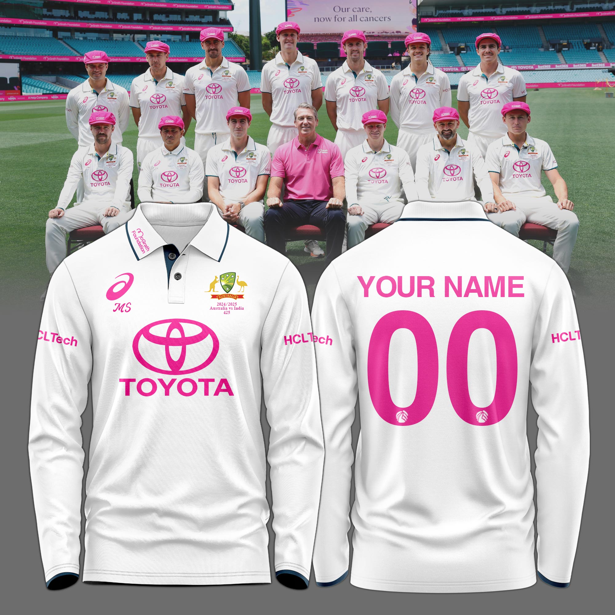 Australia National Cricket Pink Test Longsleeve Polo Custom Name & Number - Famjoys Australia National Cricket Pink Test Longsleeve Polo Custom Name & Number - Famjoys
