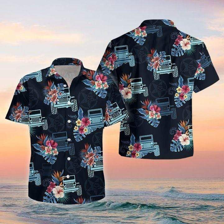 Awesome Jeep Blue Black Tropical Aloha Hawaiian Shirts - Famjoys Awesome Jeep Blue Black Tropical Aloha Hawaiian Shirts - Famjoys