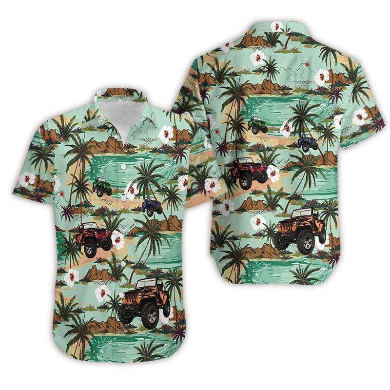Awesome Jeep Tropical Green Brown Hawaiian Aloha Shirts - Famjoys Awesome Jeep Tropical Green Brown Hawaiian Aloha Shirts - Famjoys