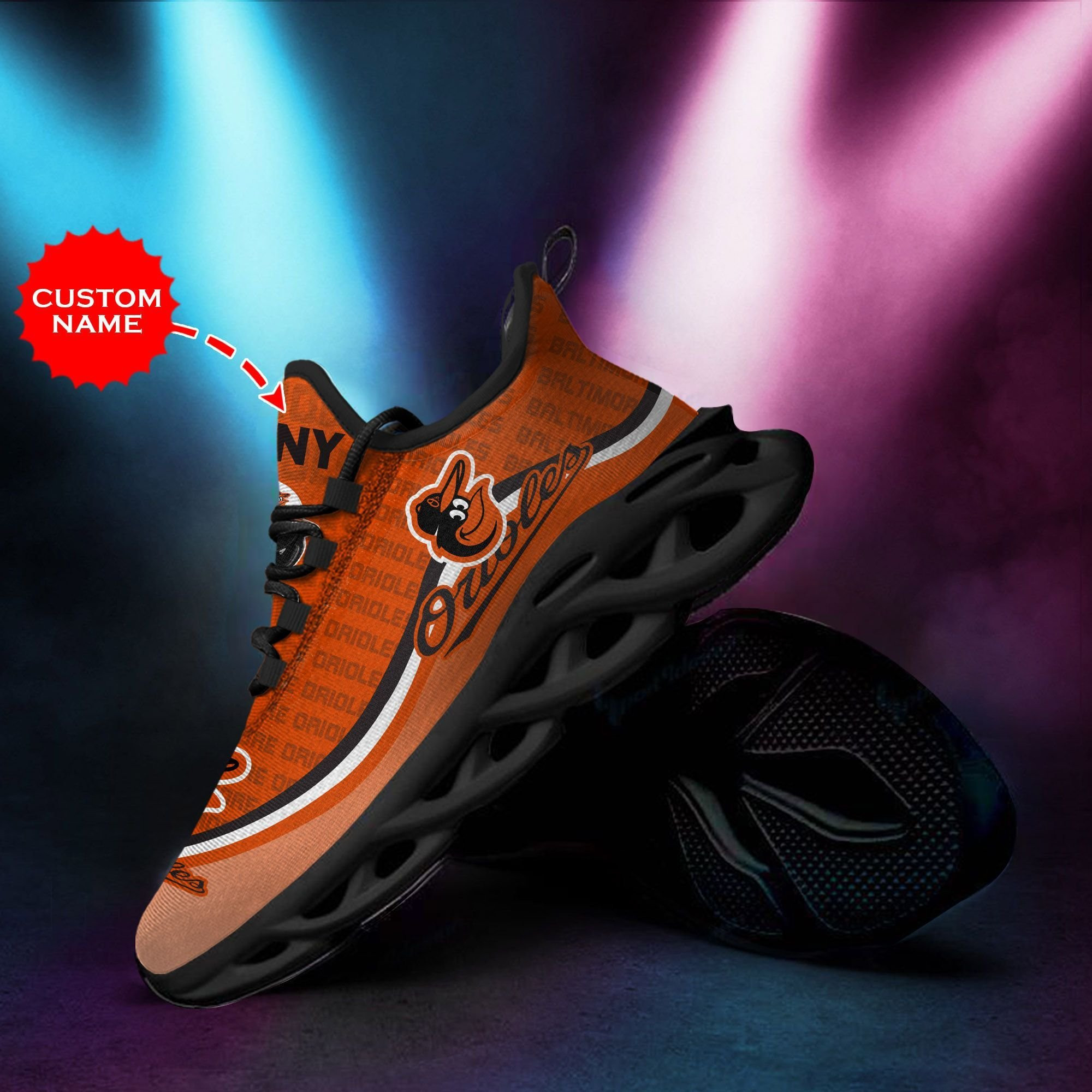 Baltimore Orioles Custom Personalized Max Soul Sneakers Shoes - Famjoys Baltimore Orioles Custom Personalized Max Soul Sneakers Shoes - Famjoys