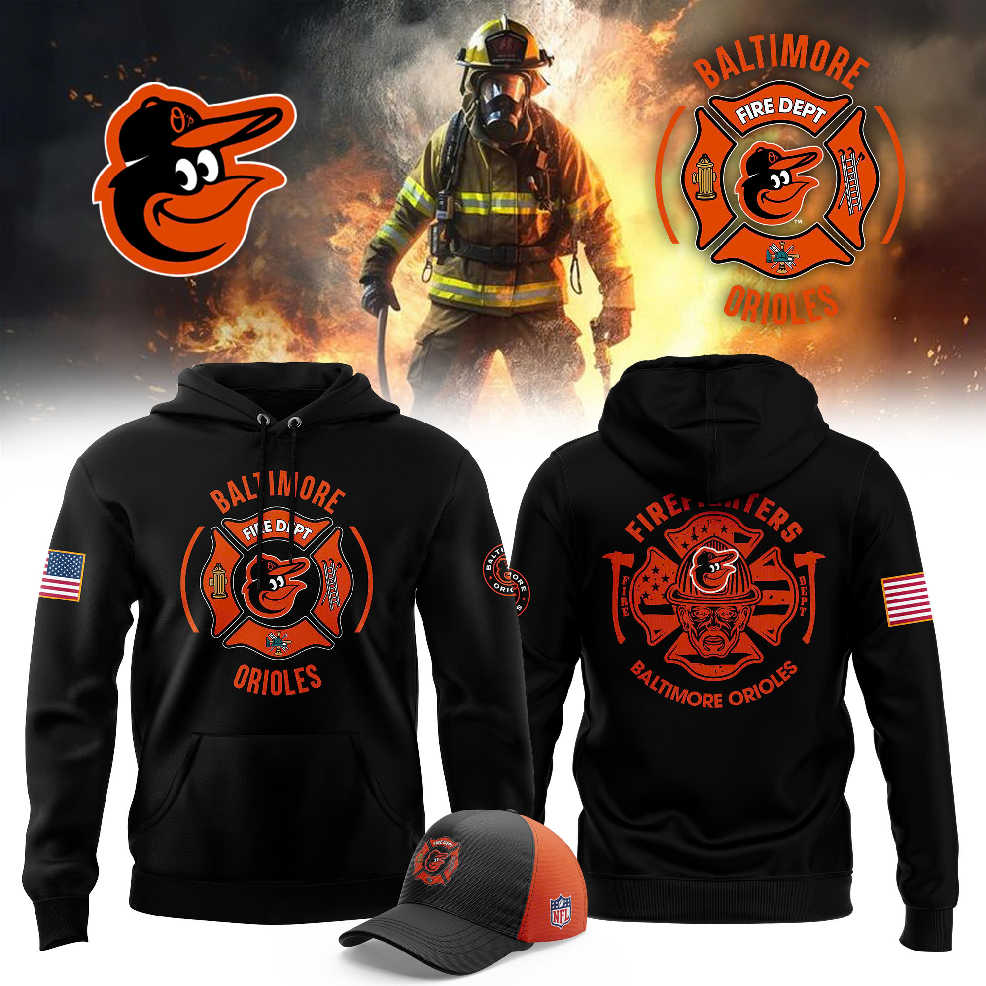 Baltimore Orioles x Firefighter Appreciation Night Premium Pullover Hoodie - Famjoys Baltimore Orioles x Firefighter Appreciation Night Premium Pullover Hoodie - Famjoys