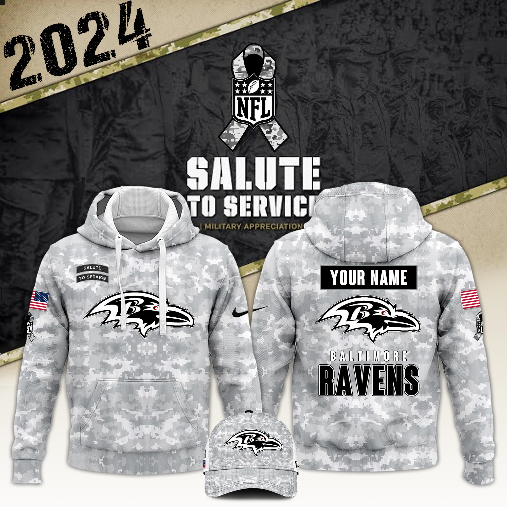 Baltimore Ravens Arctic Camo Salute to Service Club Hoodie 2024