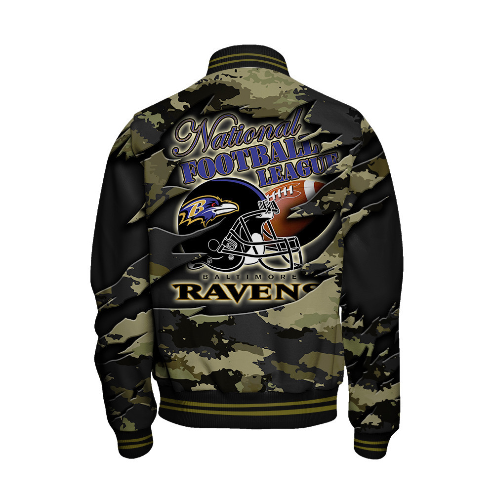 Baltimore Ravens Black Camo Pattern National Football League Varsity Jacket - Famjoys Baltimore Ravens Black Camo Pattern National Football League Varsity Jacket - Famjoys