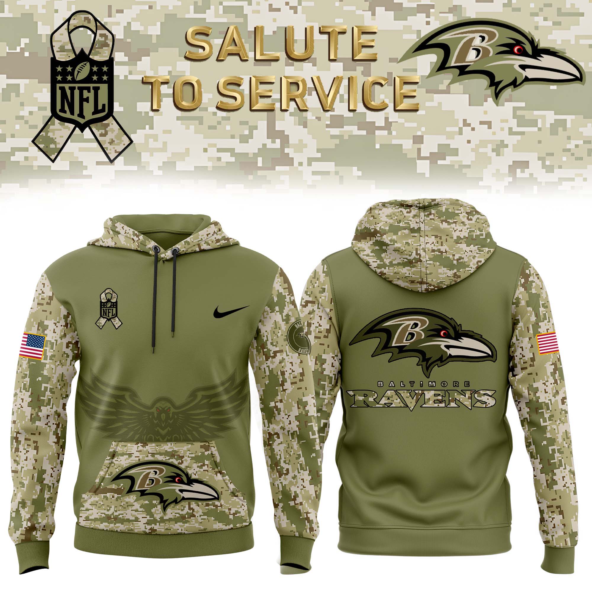 Baltimore Ravens Camo Salute to Service Club Fleece Pullover Hoodie v2 - Famjoys Baltimore Ravens Camo Salute to Service Club Fleece Pullover Hoodie v2 - Famjoys