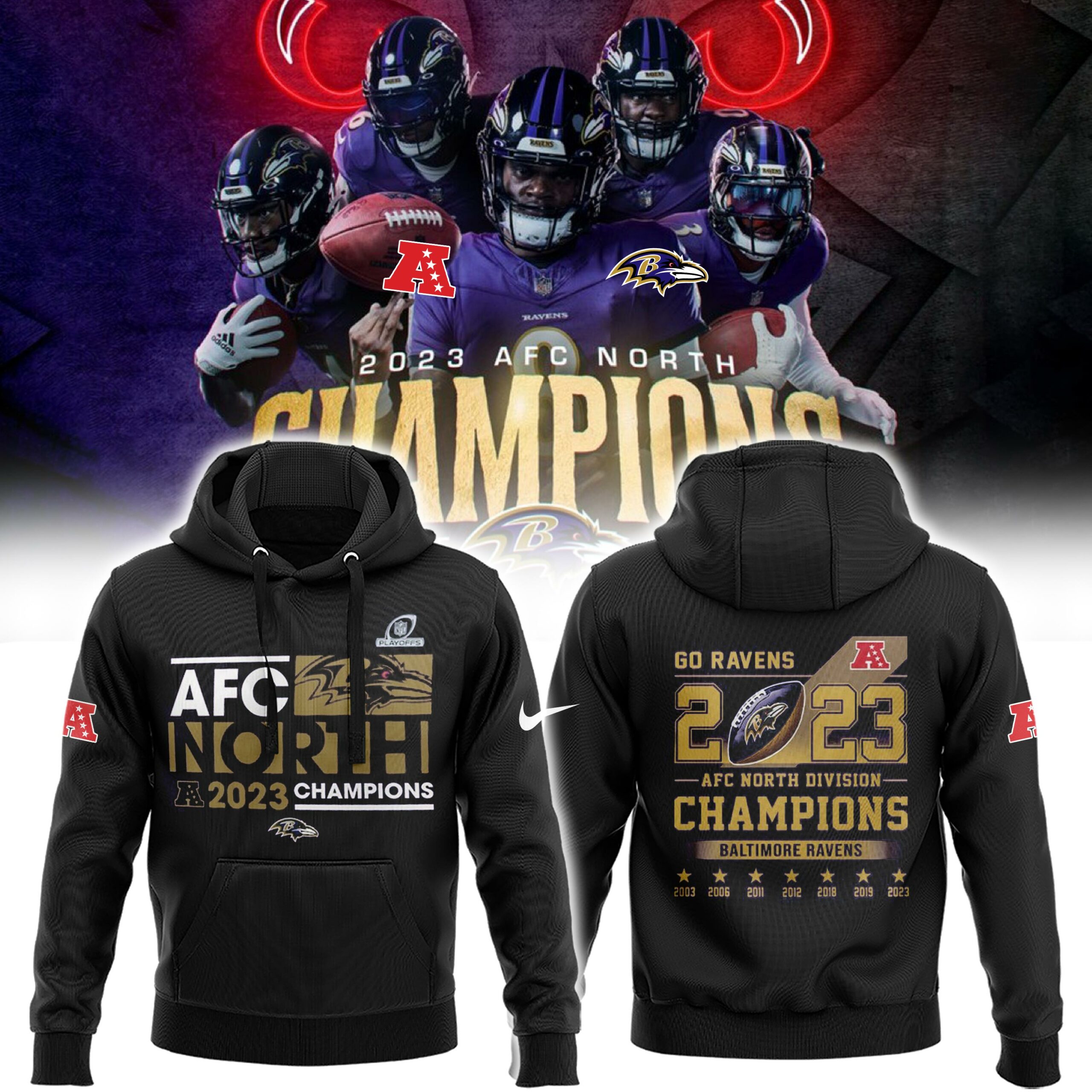 Baltimore Ravens Champions AFC 2023 Hoodie Set KINGS OF THE NORTH AND THE #1 SEED - Famjoys Baltimore Ravens Champions AFC 2023 Hoodie Set KINGS OF THE NORTH AND THE #1 SEED - Famjoys